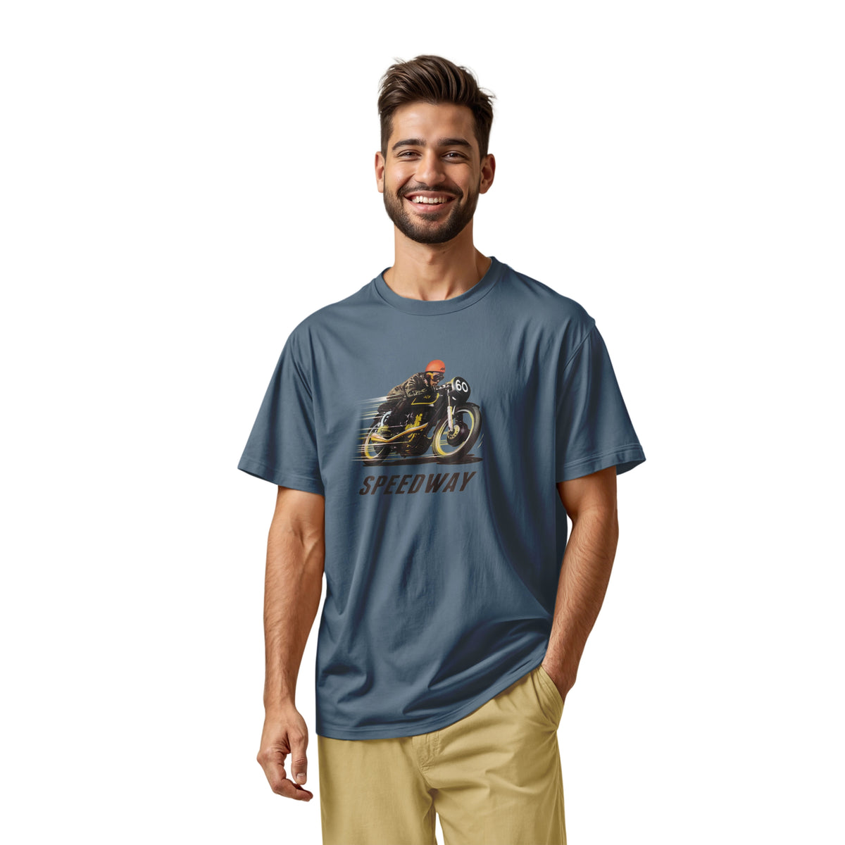 A blue t-shirt with a retro graphic of motorcycle racer and the word Speedway.