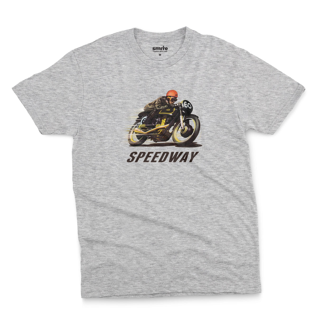 A grey marle t-shirt with a retro graphic of motorcycle racer and the word Speedway.