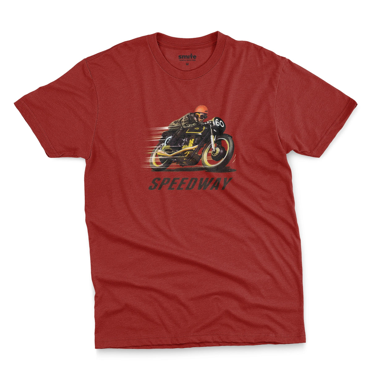 A red t-shirt with a retro graphic of motorcycle racer and the word Speedway.