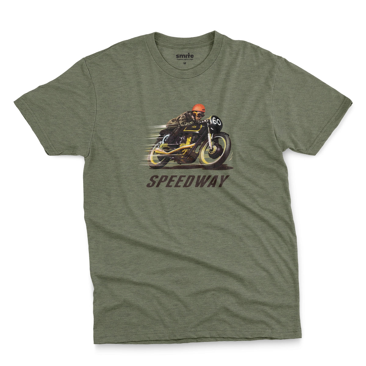 A green t-shirt with a retro graphic of motorcycle racer and the word Speedway.