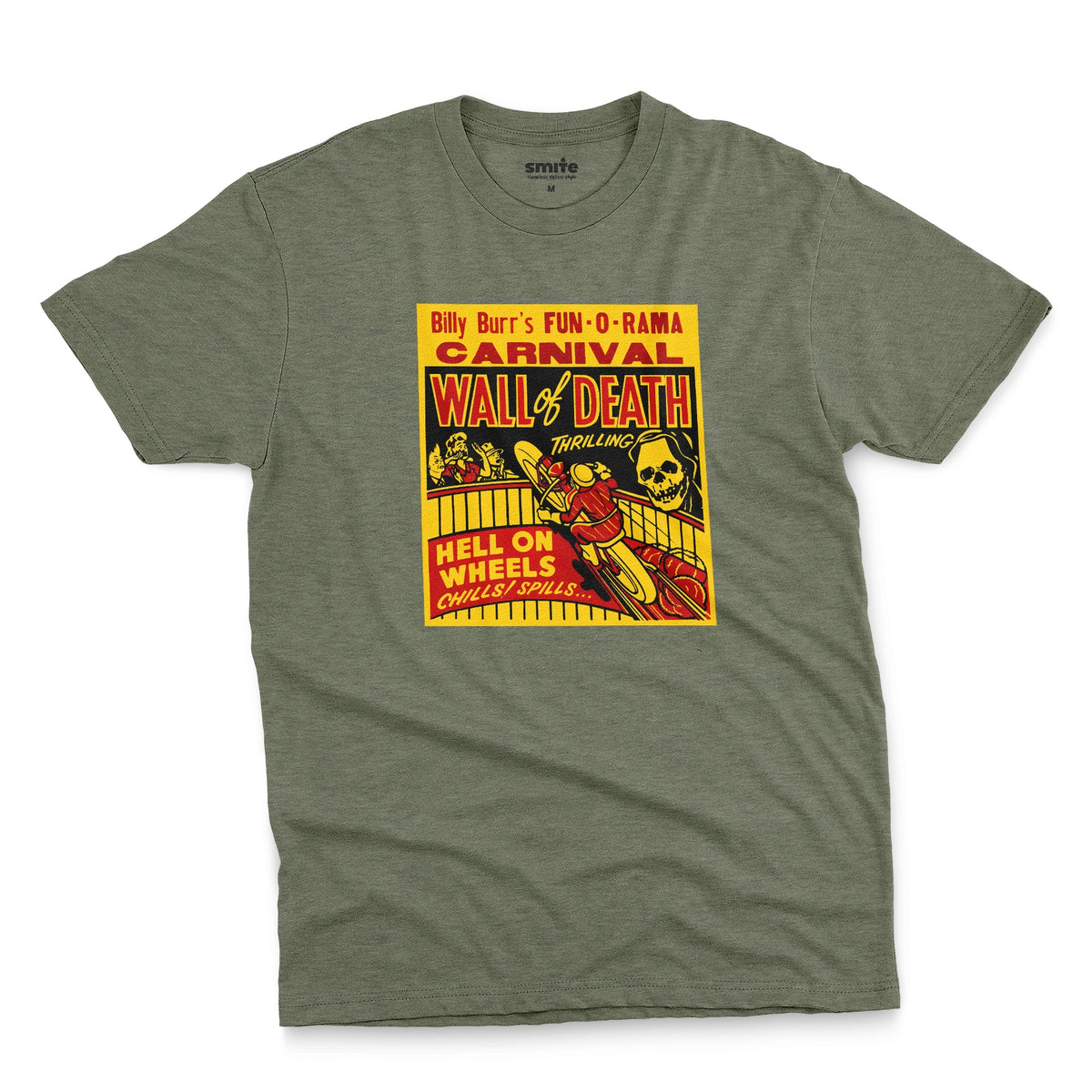 A green t-shirt featuring a vintage carnival flyer with the text 'Billy Burr's Fun-O-Rama Carnival Wall of Death'.