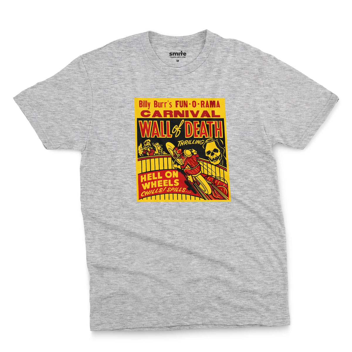 A gray marle t-shirt featuring a vintage carnival flyer with the text 'Billy Burr's Fun-O-Rama Carnival Wall of Death'.