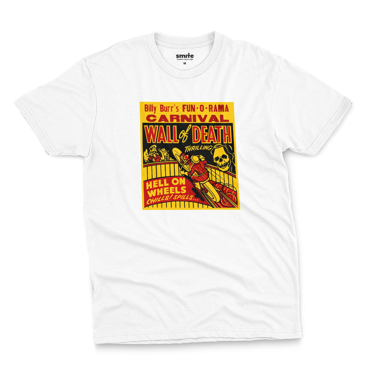 A white t-shirt featuring a vintage carnival flyer with the text 'Billy Burr's Fun-O-Rama Carnival Wall of Death'.