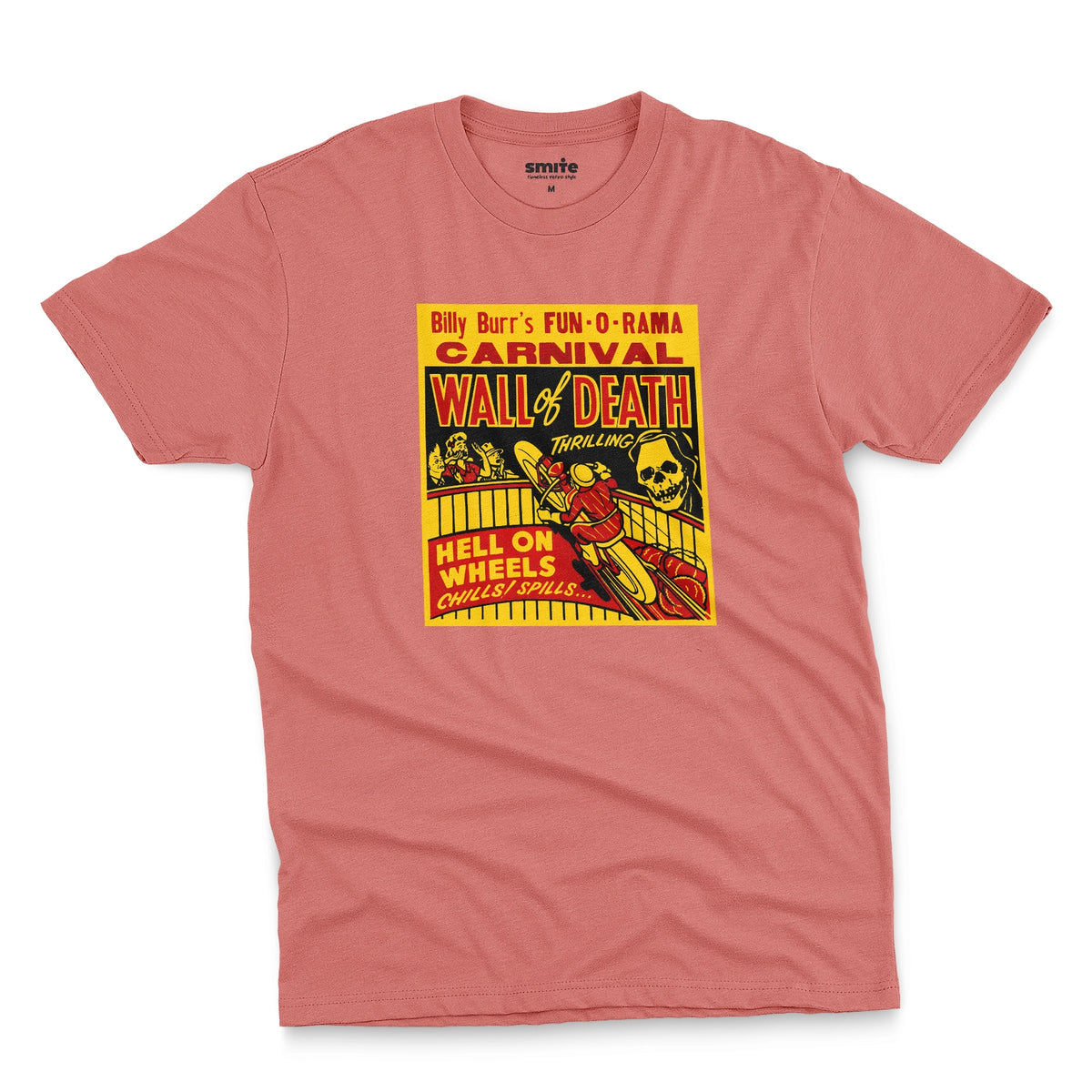 A coral pink t-shirt featuring a vintage carnival flyer with the text 'Billy Burr's Fun-O-Rama Carnival Wall of Death'.