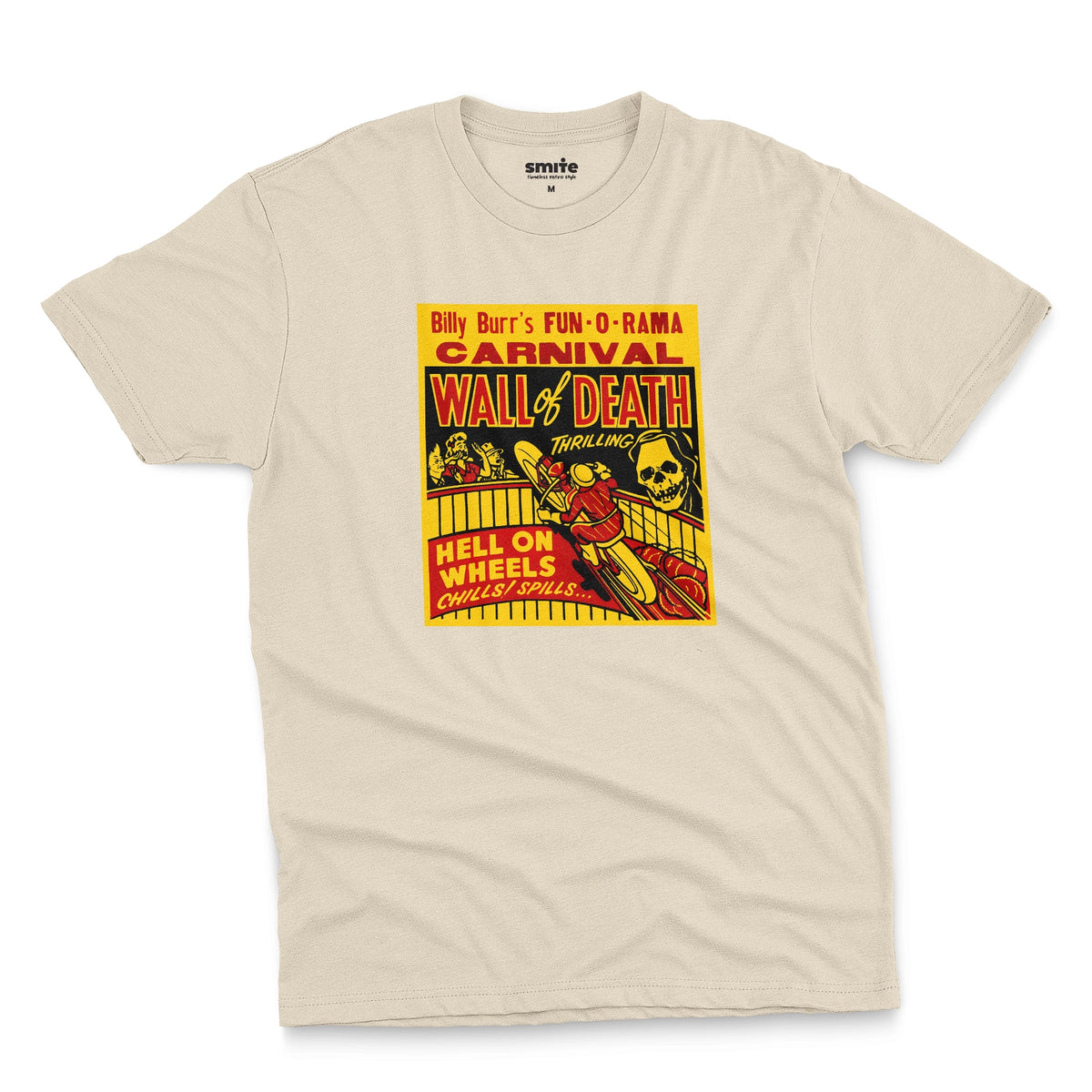 A beige t-shirt featuring a vintage carnival flyer with the text 'Billy Burr's Fun-O-Rama Carnival Wall of Death'.