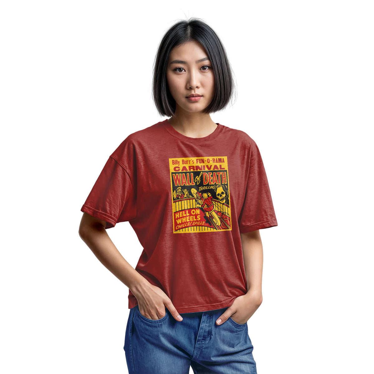 A red t-shirt featuring a vintage carnival flyer with the text 'Billy Burr's Fun-O-Rama Carnival Wall of Death'.