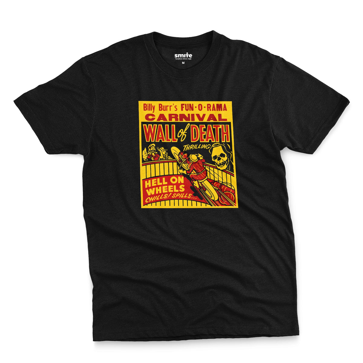 A black t-shirt featuring a vintage carnival flyer with the text 'Billy Burr's Fun-O-Rama Carnival Wall of Death'.