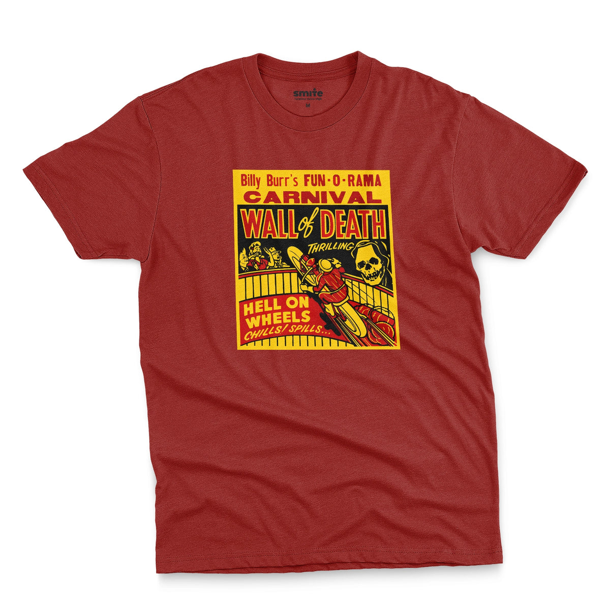 A red t-shirt featuring a vintage carnival flyer with the text 'Billy Burr's Fun-O-Rama Carnival Wall of Death'.