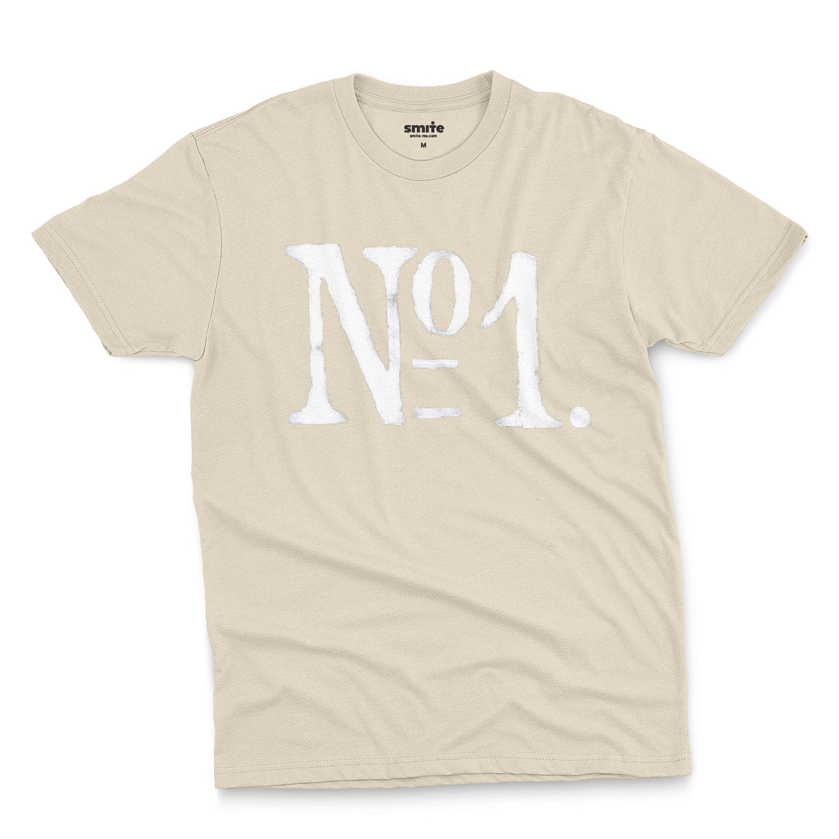 A beige t-shirt with a distressed white graphic print reading 'N°1.' on the front.