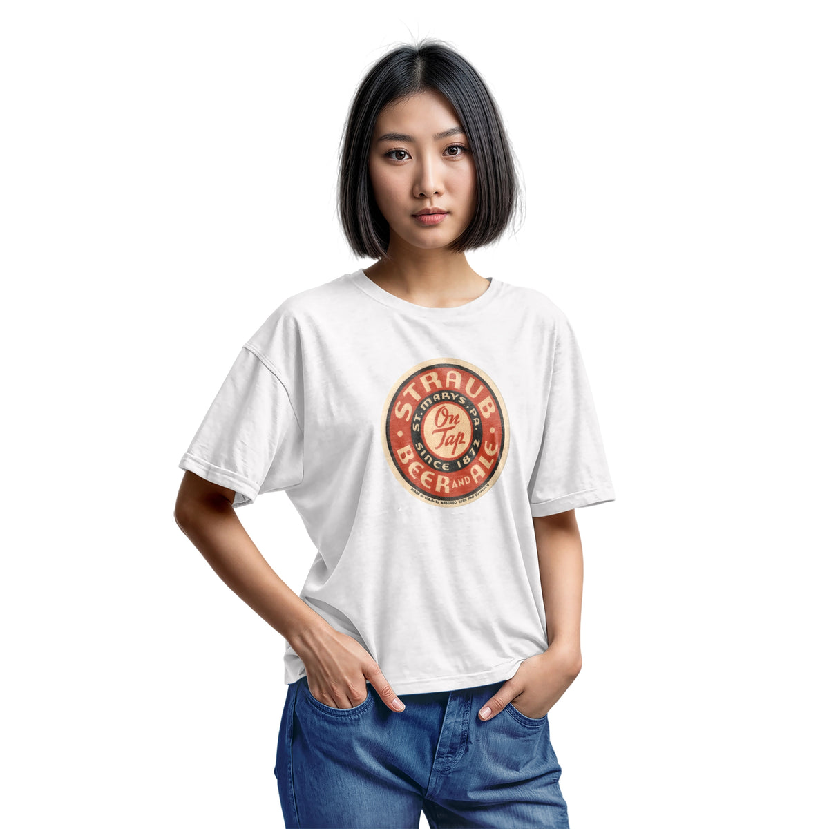 A white t-shirt featuring circular vintage Straub Beer coaster graphics.