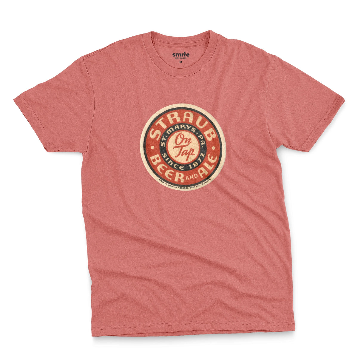 A coral pink t-shirt featuring circular vintage Straub Beer coaster graphics.