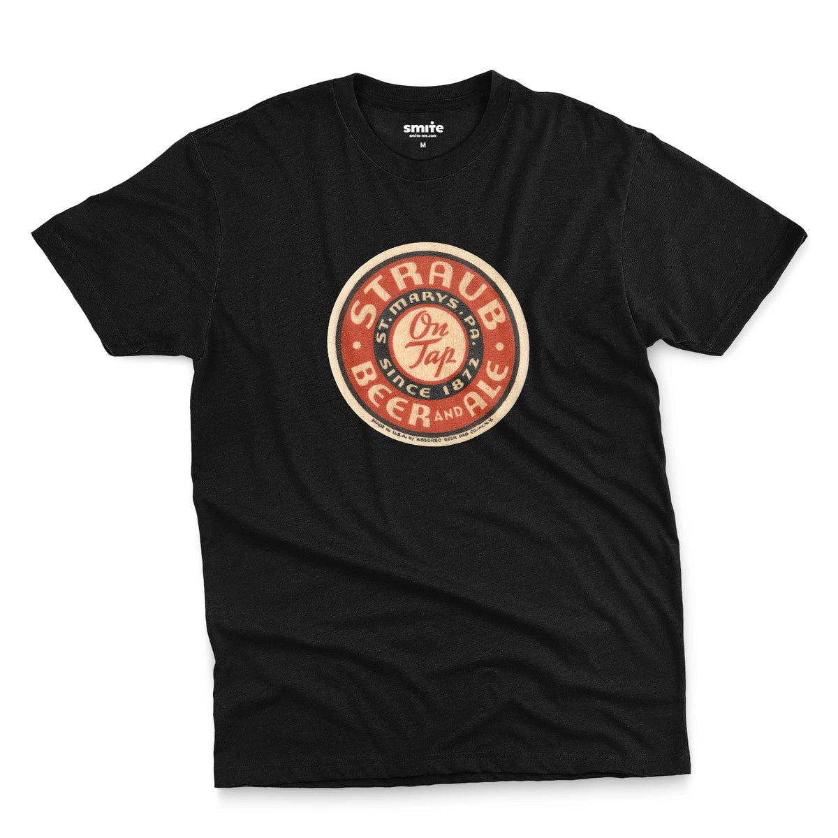 A black t-shirt featuring circular vintage Straub Beer coaster graphics.