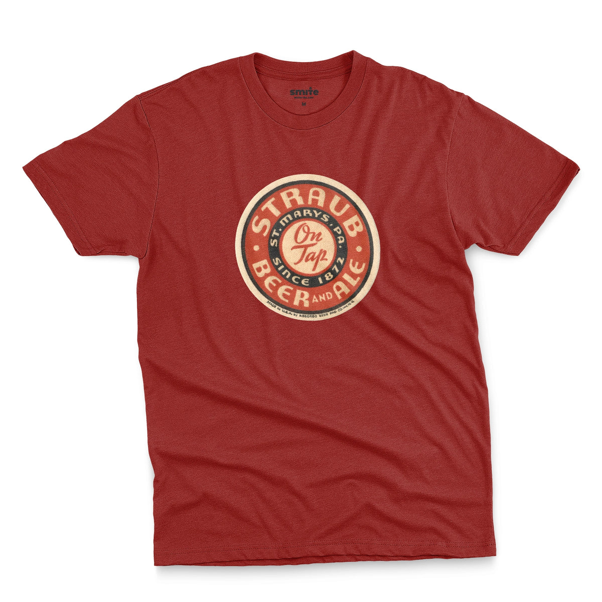 A red t-shirt featuring circular vintage Straub Beer coaster graphics.