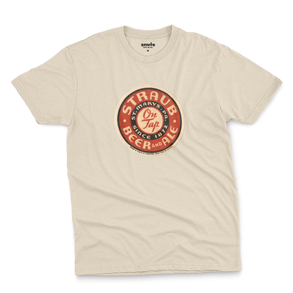 A beige t-shirt featuring circular vintage Straub Beer coaster graphics.
