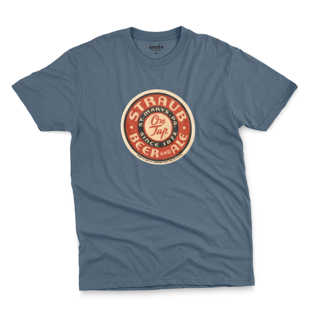 A blue t-shirt featuring circular vintage Straub Beer coaster graphics.