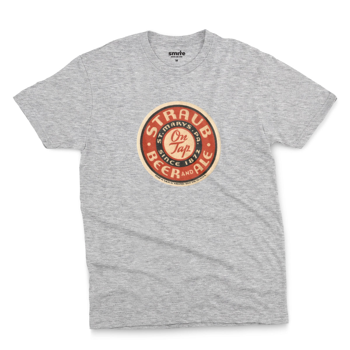 A gray marle t-shirt featuring circular vintage Straub Beer coaster graphics.