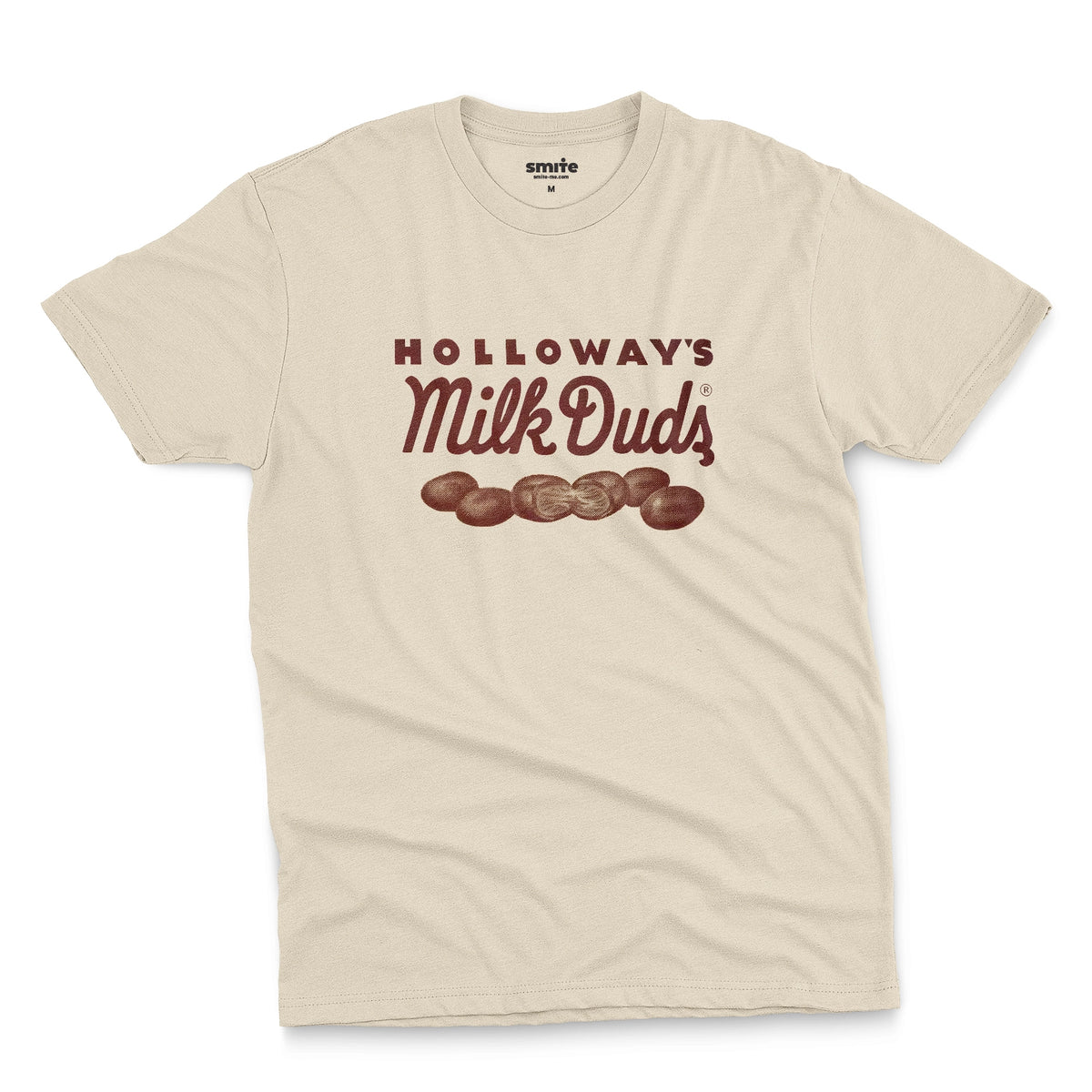 A beige t-shirt with vintage Milk Duds packaging graphics.
