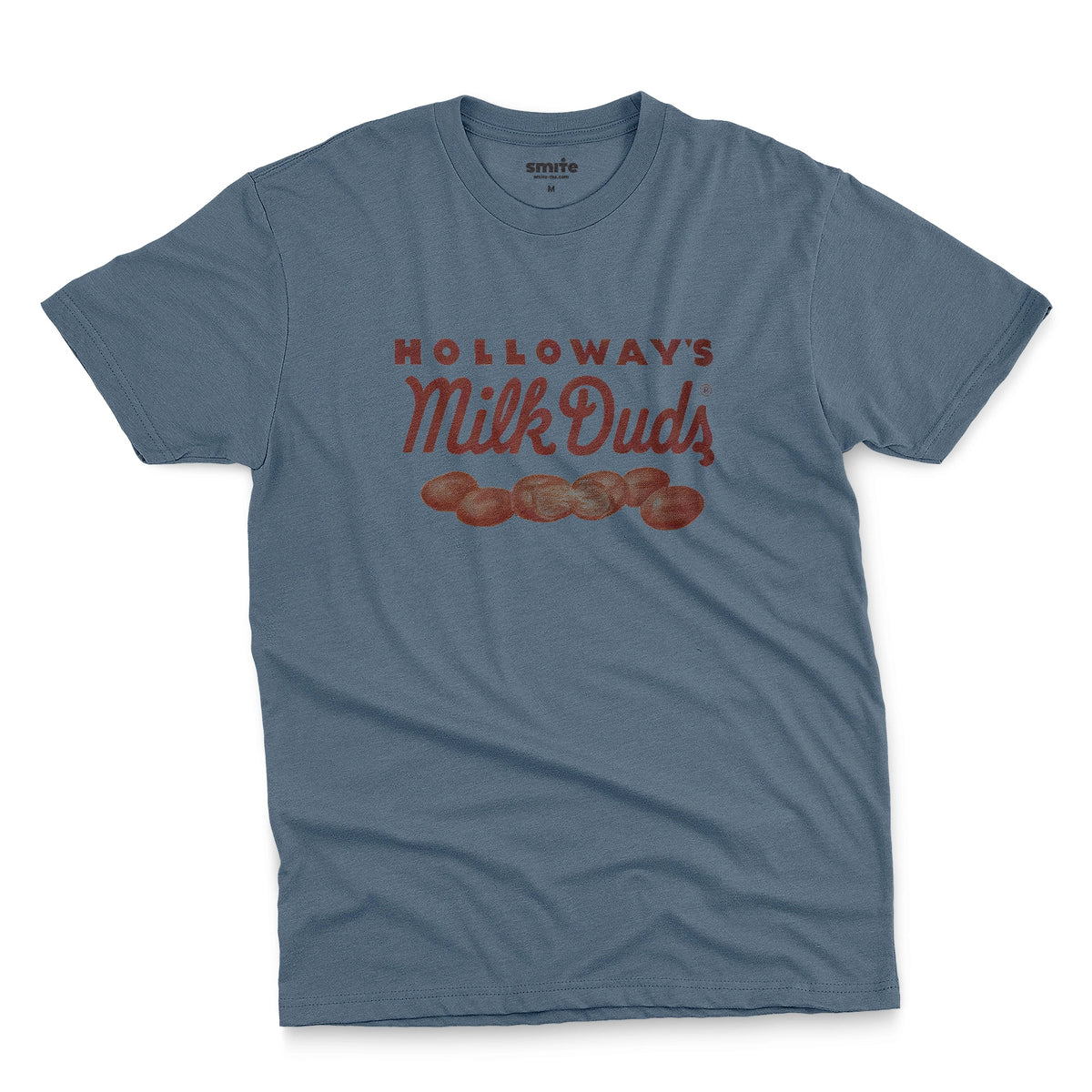 A blue t-shirt with vintage Milk Duds packaging graphics.