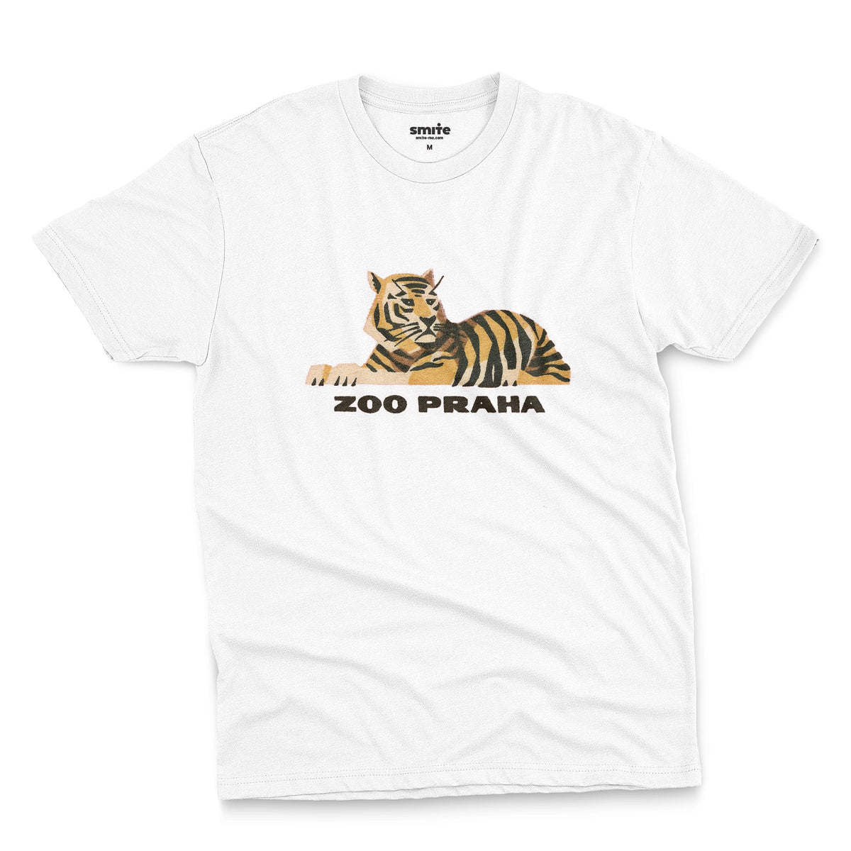A white t-shirt with a 1960s ad for Prague Zoo featuring a retro graphic of a resting tiger with 'ZOO PRAHA' printed underneath.