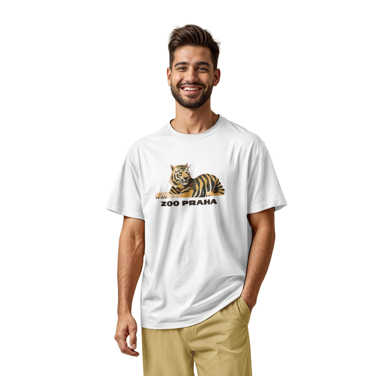 A white t-shirt with a 1960s ad for Prague Zoo featuring a retro graphic of a resting tiger with 'ZOO PRAHA' printed underneath.