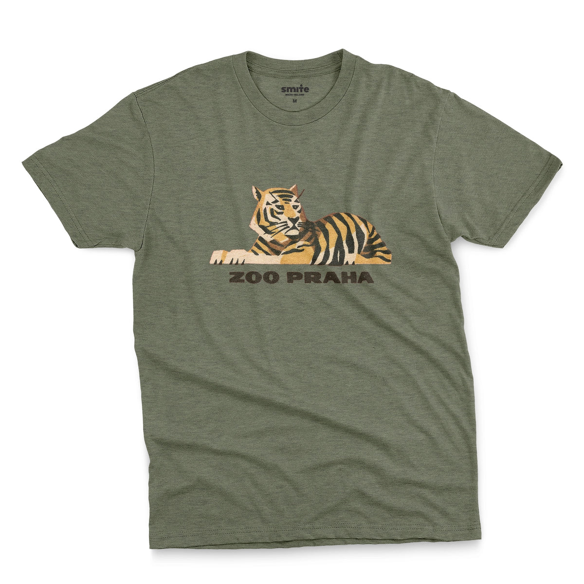 A green t-shirt with a 1960s ad for Prague Zoo featuring a retro graphic of a resting tiger with 'ZOO PRAHA' printed underneath.