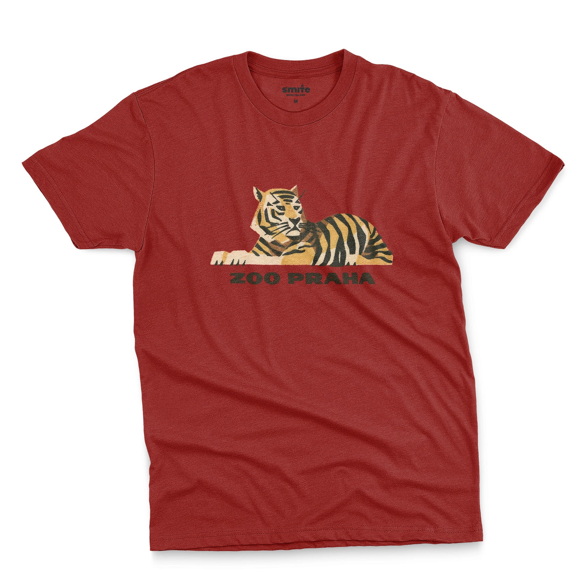 A red t-shirt with a 1960s ad for Prague Zoo featuring a retro graphic of a resting tiger with 'ZOO PRAHA' printed underneath.