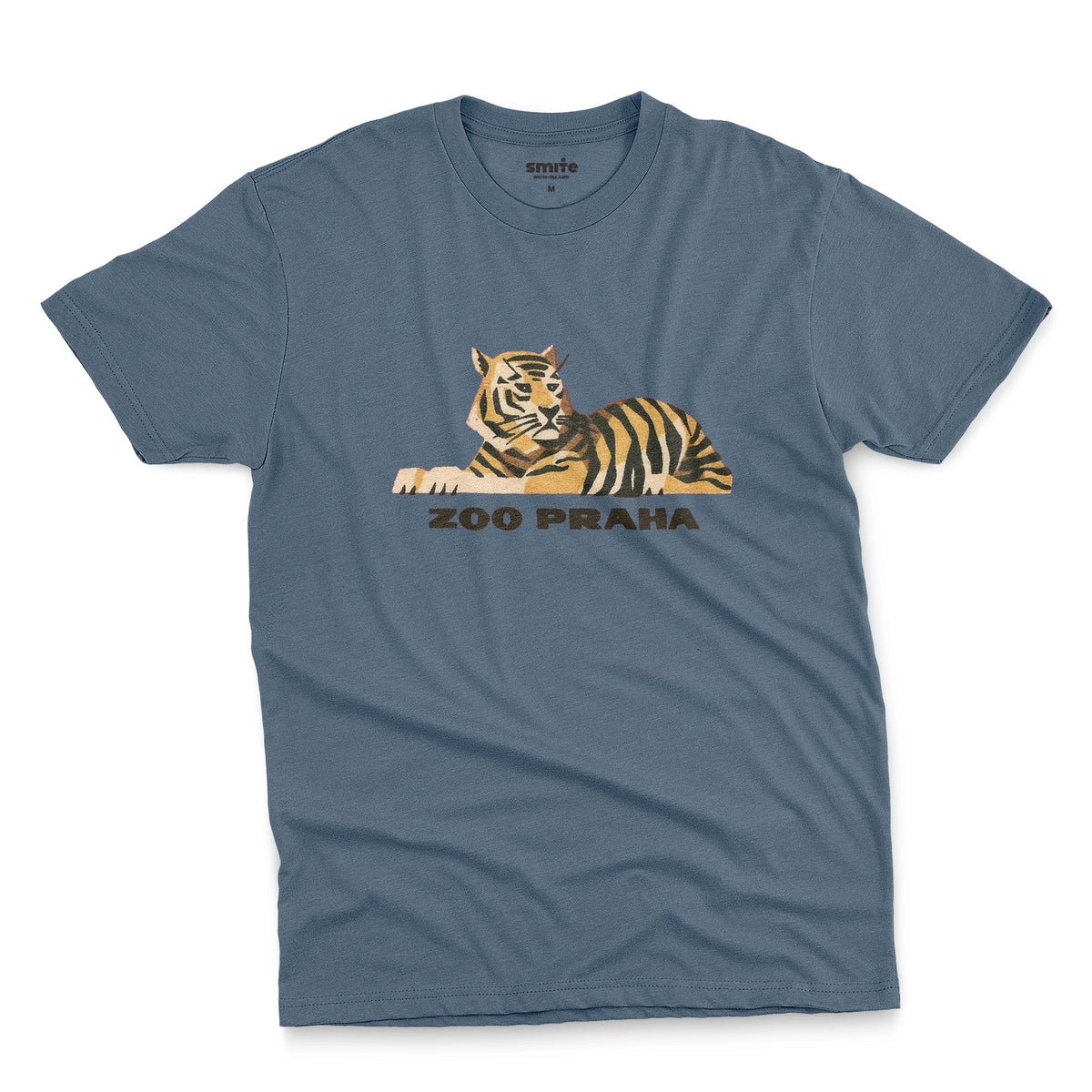 A blue t-shirt with a 1960s ad for Prague Zoo featuring a retro graphic of a resting tiger with 'ZOO PRAHA' printed underneath.