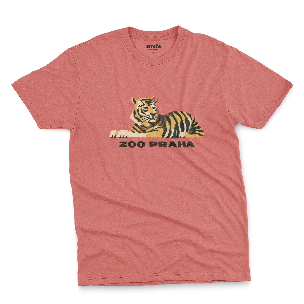 A coral pink t-shirt with a 1960s ad for Prague Zoo featuring a retro graphic of a resting tiger with 'ZOO PRAHA' printed underneath.