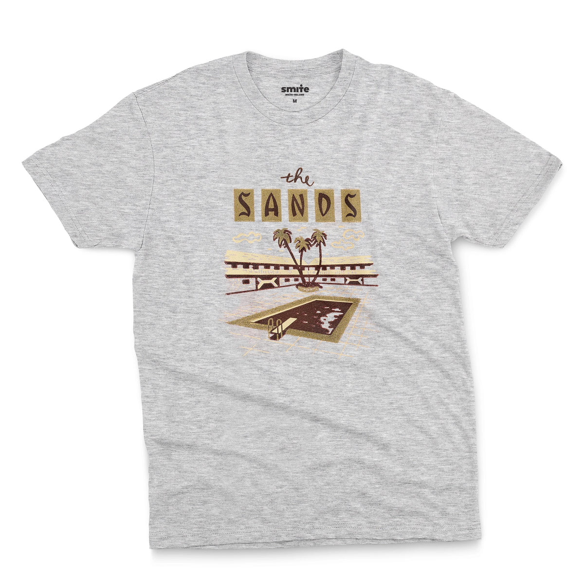 A gray marle t-shirt with a retro advertisement for 'the SANDS' hotel featuring a poolside scene.