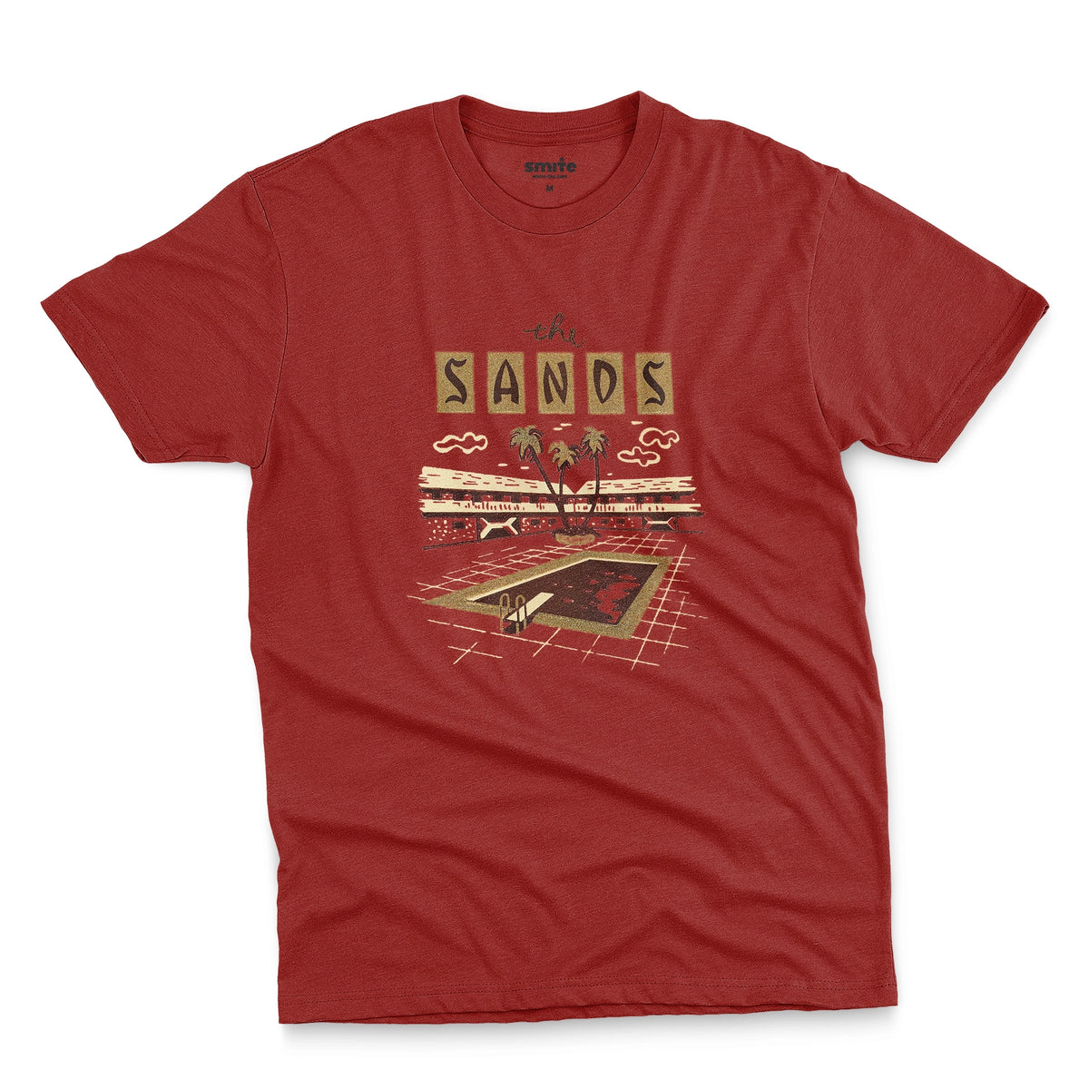 A red t-shirt with a retro advertisement for 'the SANDS' hotel featuring a poolside scene.