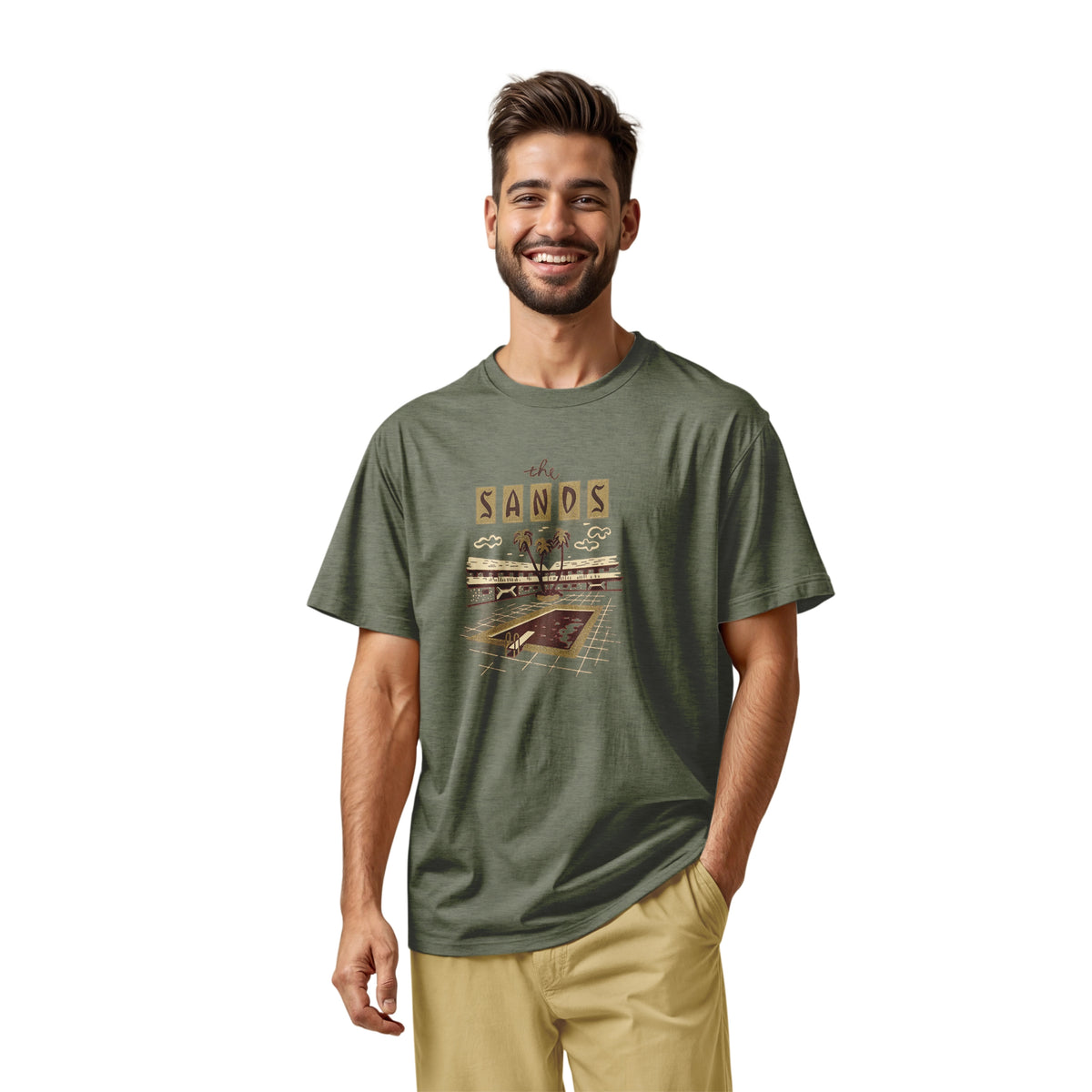 A green t-shirt with a retro advertisement for 'the SANDS' hotel featuring a poolside scene.