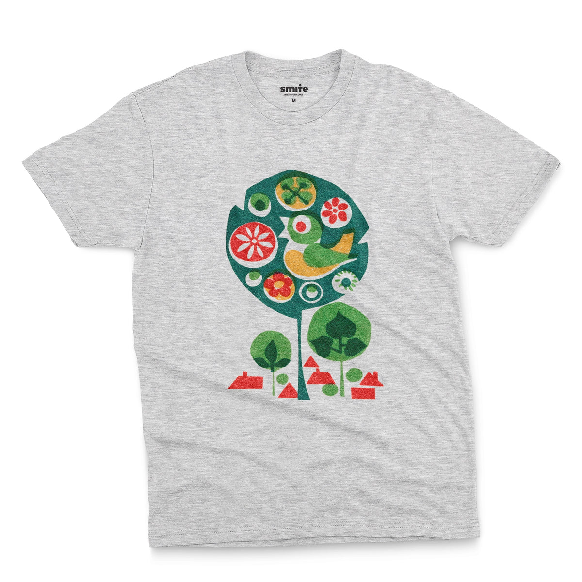 A grey marle t-shirt with a retro Czech illustration of a bird in a tree promoting happy work environments.