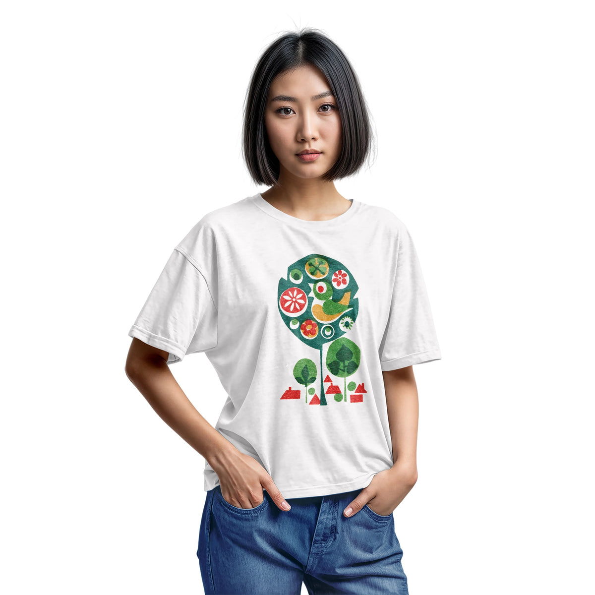 A white t-shirt with a retro Czech illustration of a bird in a tree promoting happy work environments.