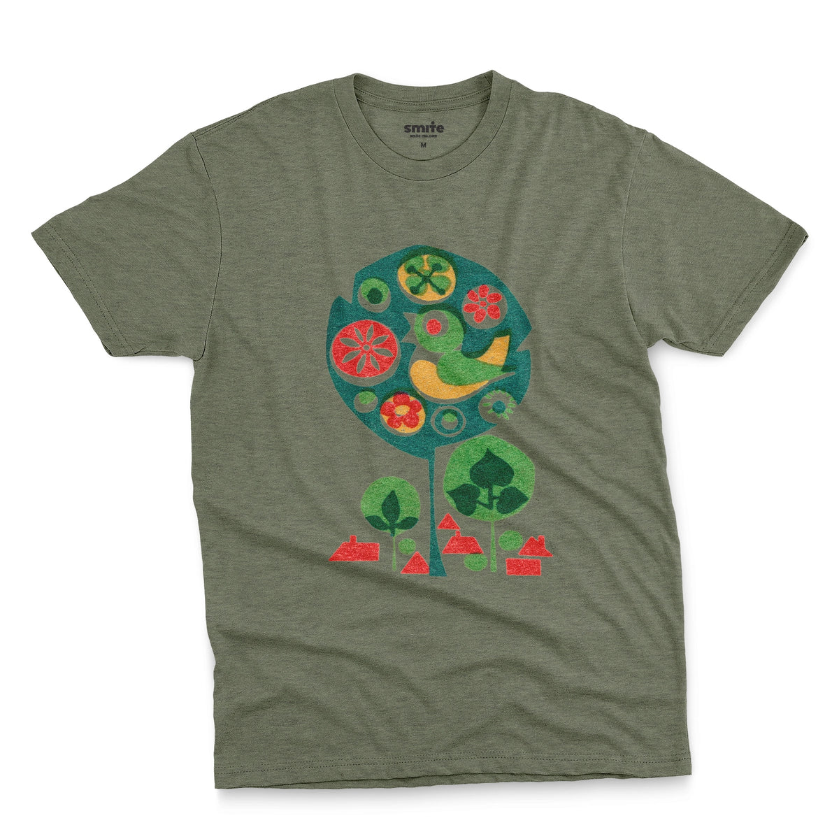 A green t-shirt with a retro Czech illustration of a bird in a tree promoting happy work environments.