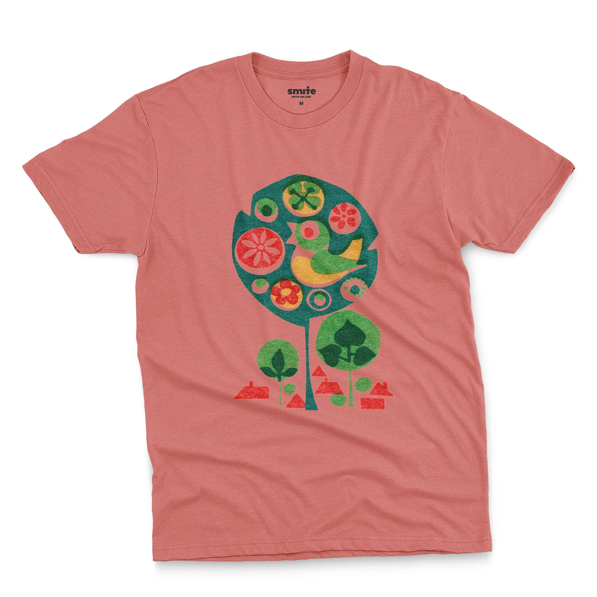 A coral pink t-shirt with a retro Czech illustration of a bird in a tree promoting happy work environments.