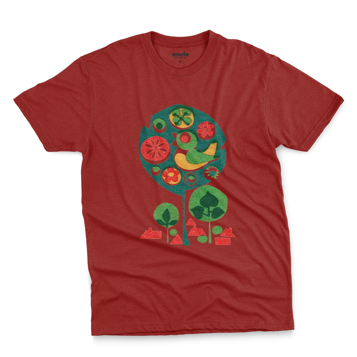 A red t-shirt with a retro Czech illustration of a bird in a tree promoting happy work environments.