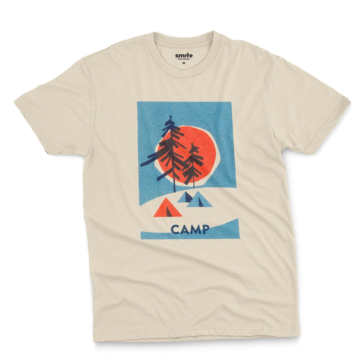 A beige t-shirt featuring a 1960s retro-style graphic print of pine trees in front of a large orange-red sun within a blue square, with small orange and blue tents below and the word 'CAMP'.