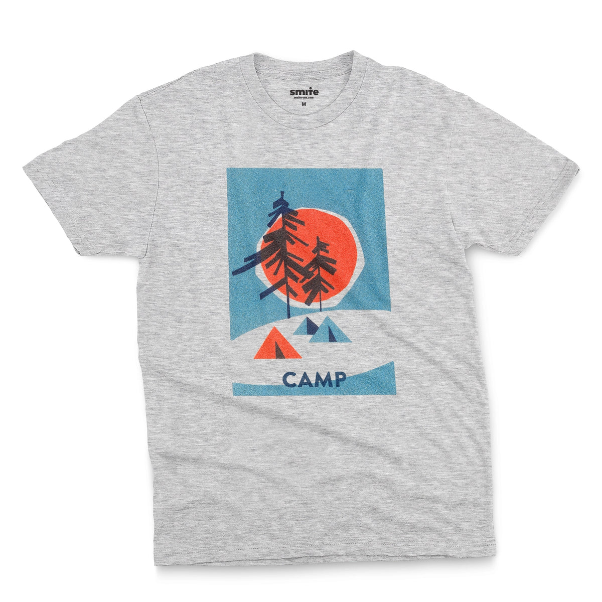A gray marle t-shirt featuring a 1960s retro-style graphic print of pine trees in front of a large orange-red sun within a blue square, with small orange and blue tents below and the word 'CAMP'.