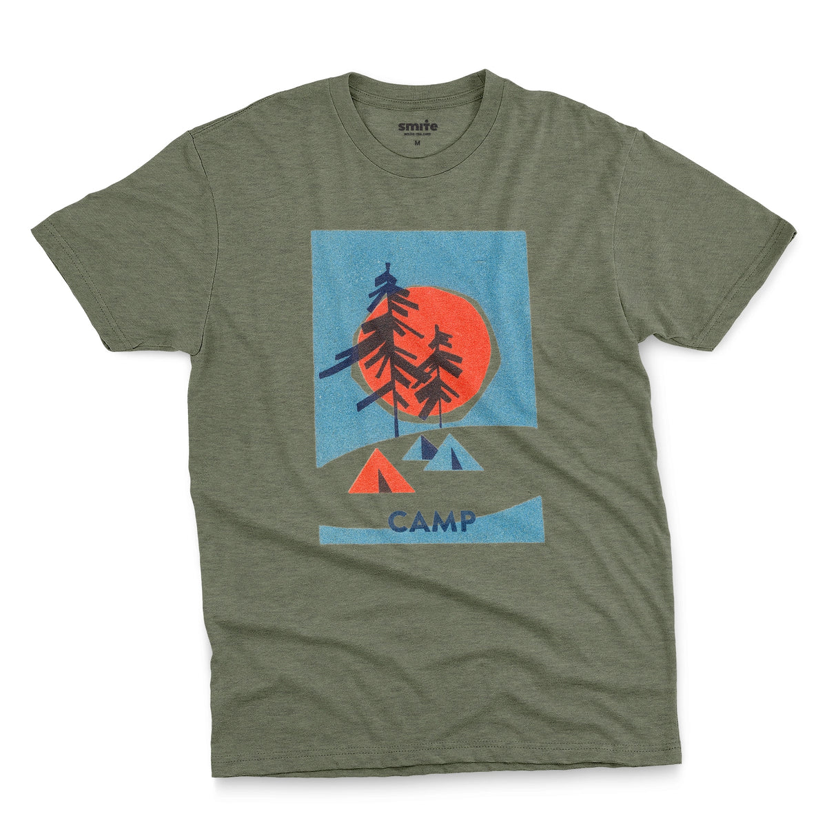 A green t-shirt featuring a 1960s retro-style graphic print of pine trees in front of a large orange-red sun within a blue square, with small orange and blue tents below and the word 'CAMP'.