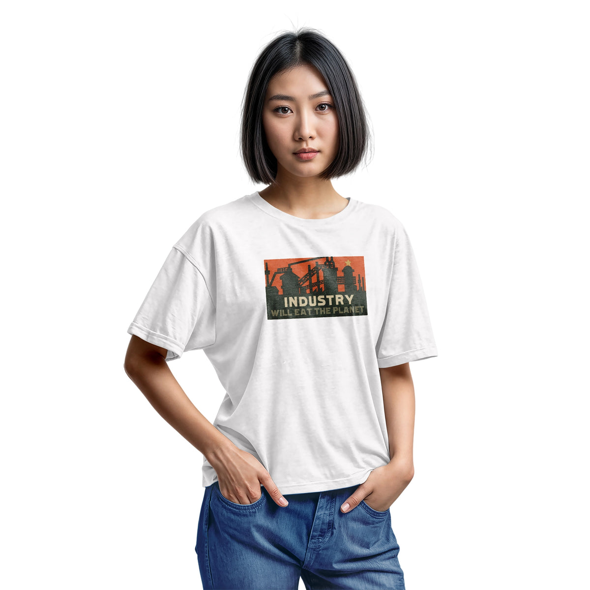 A white t-shirt with a vintage graphic print showing an industrial factory scene with the text 'INDUSTRY WILL EAT THE PLANET'.