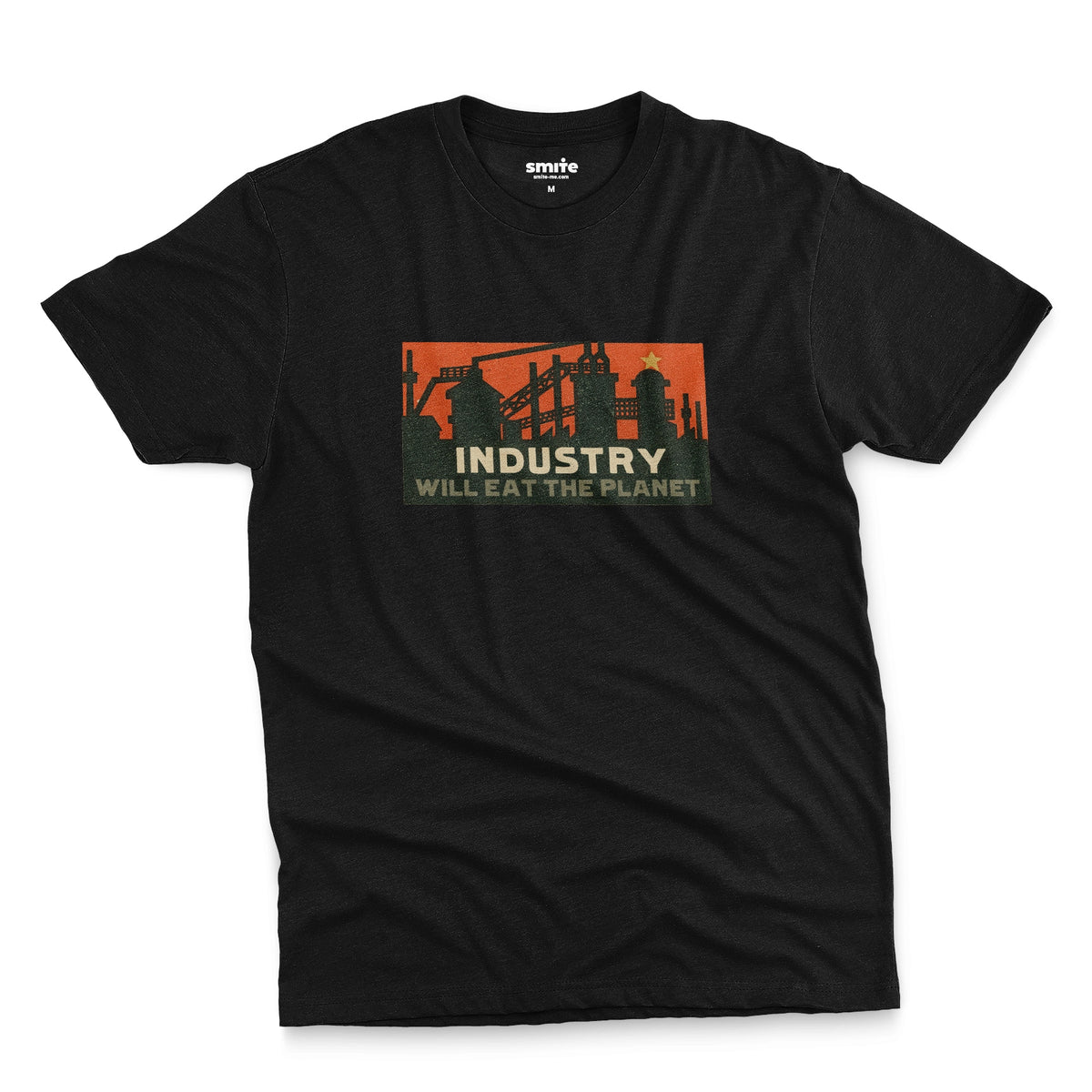 A black t-shirt with a vintage graphic print showing an industrial factory scene with the text 'INDUSTRY WILL EAT THE PLANET'.