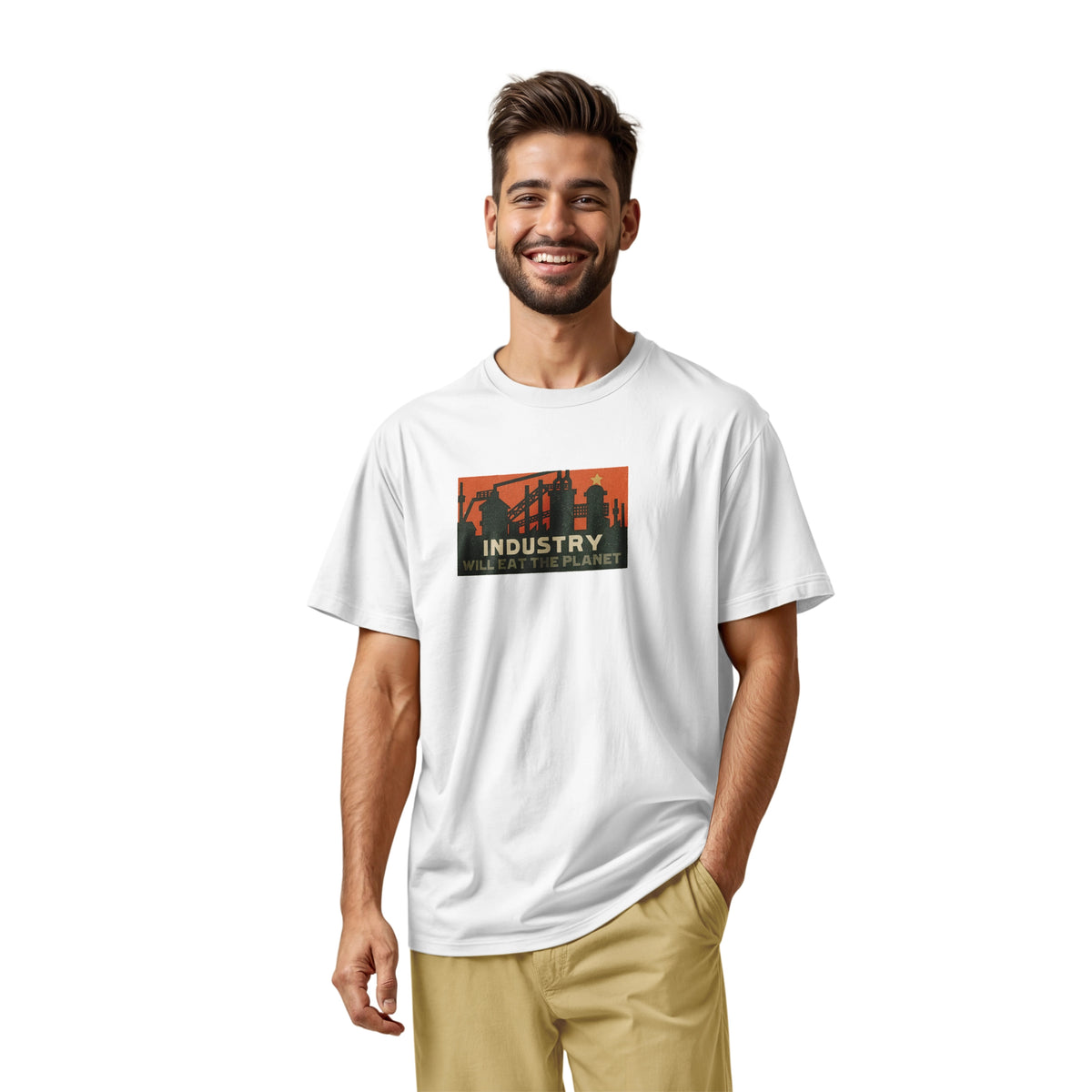 A white t-shirt with a vintage graphic print showing an industrial factory scene with the text 'INDUSTRY WILL EAT THE PLANET'.
