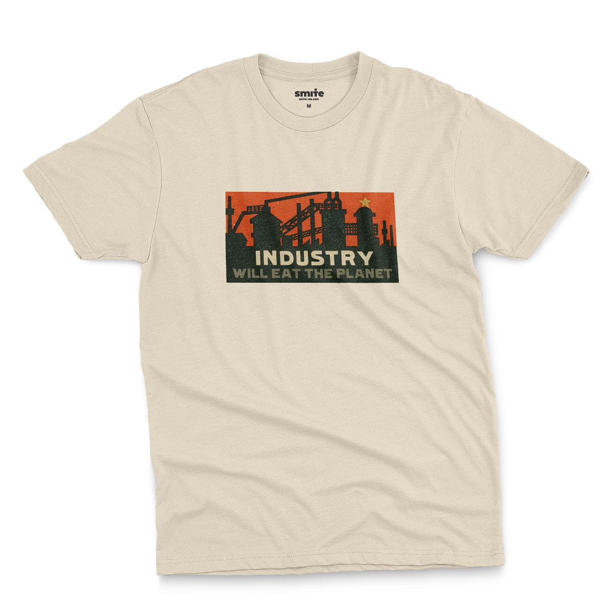 A beige t-shirt with a vintage graphic print showing an industrial factory scene with the text 'INDUSTRY WILL EAT THE PLANET'.