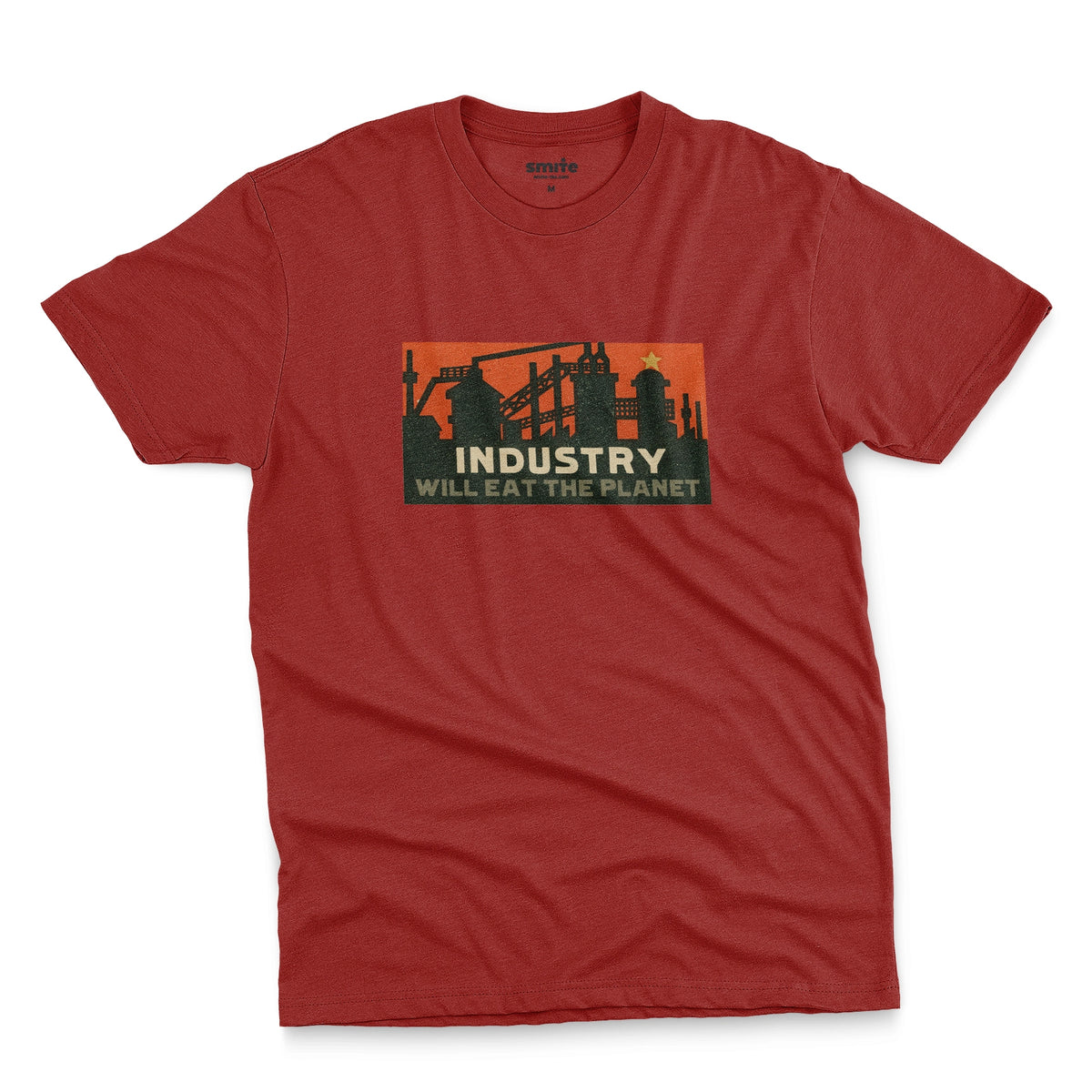 A red t-shirt with a vintage graphic print showing an industrial factory scene with the text 'INDUSTRY WILL EAT THE PLANET'.