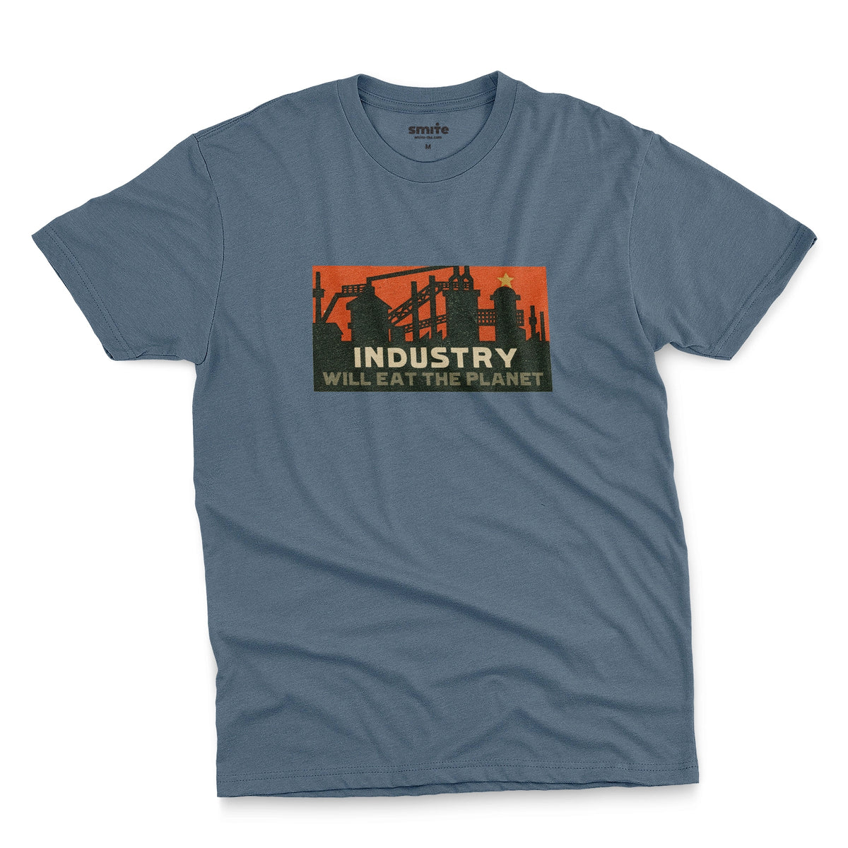 A blue t-shirt with a vintage graphic print showing an industrial factory scene with the text 'INDUSTRY WILL EAT THE PLANET'.