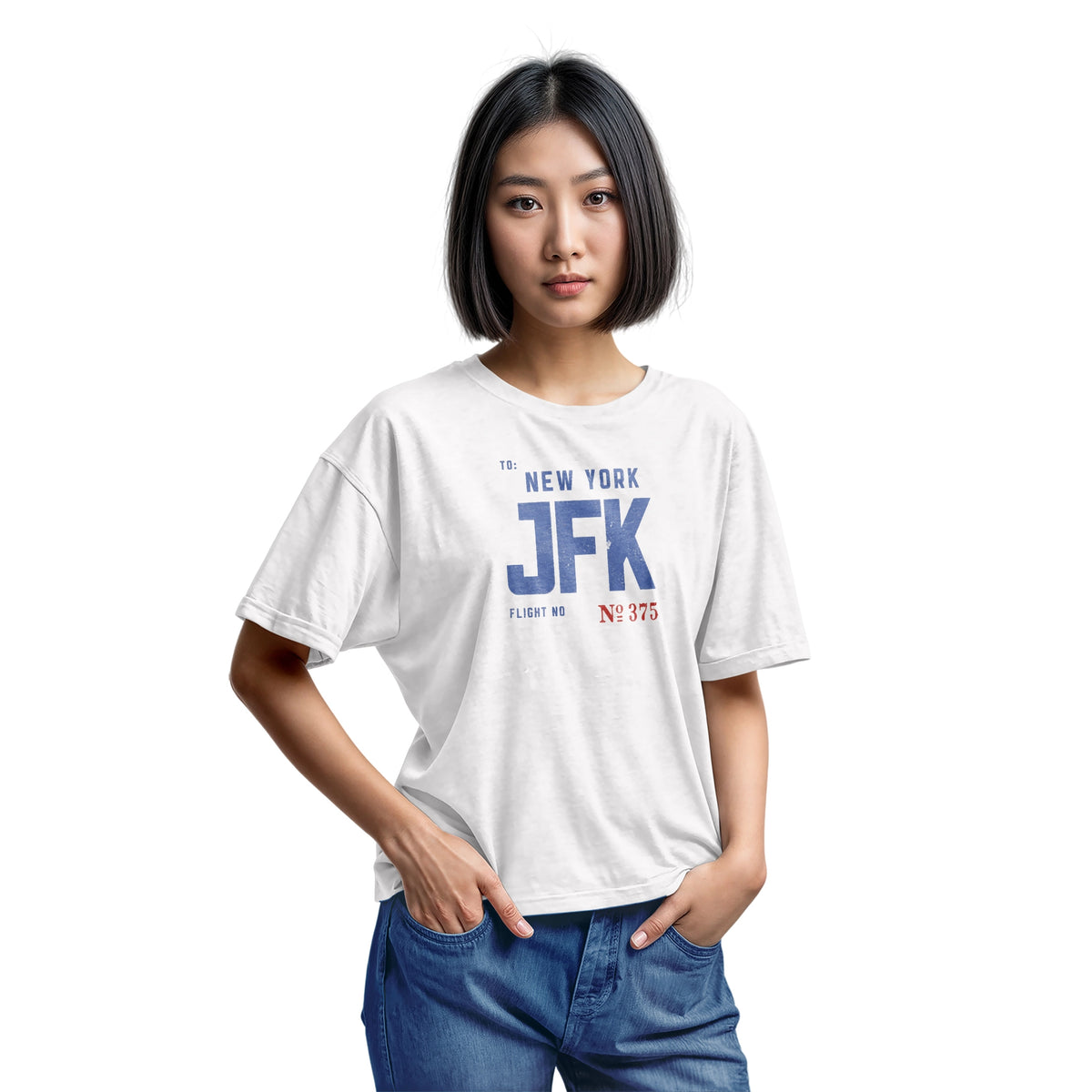 A white t-shirt with a vintage bag tag graphic from the 1960s saying New York JFK.