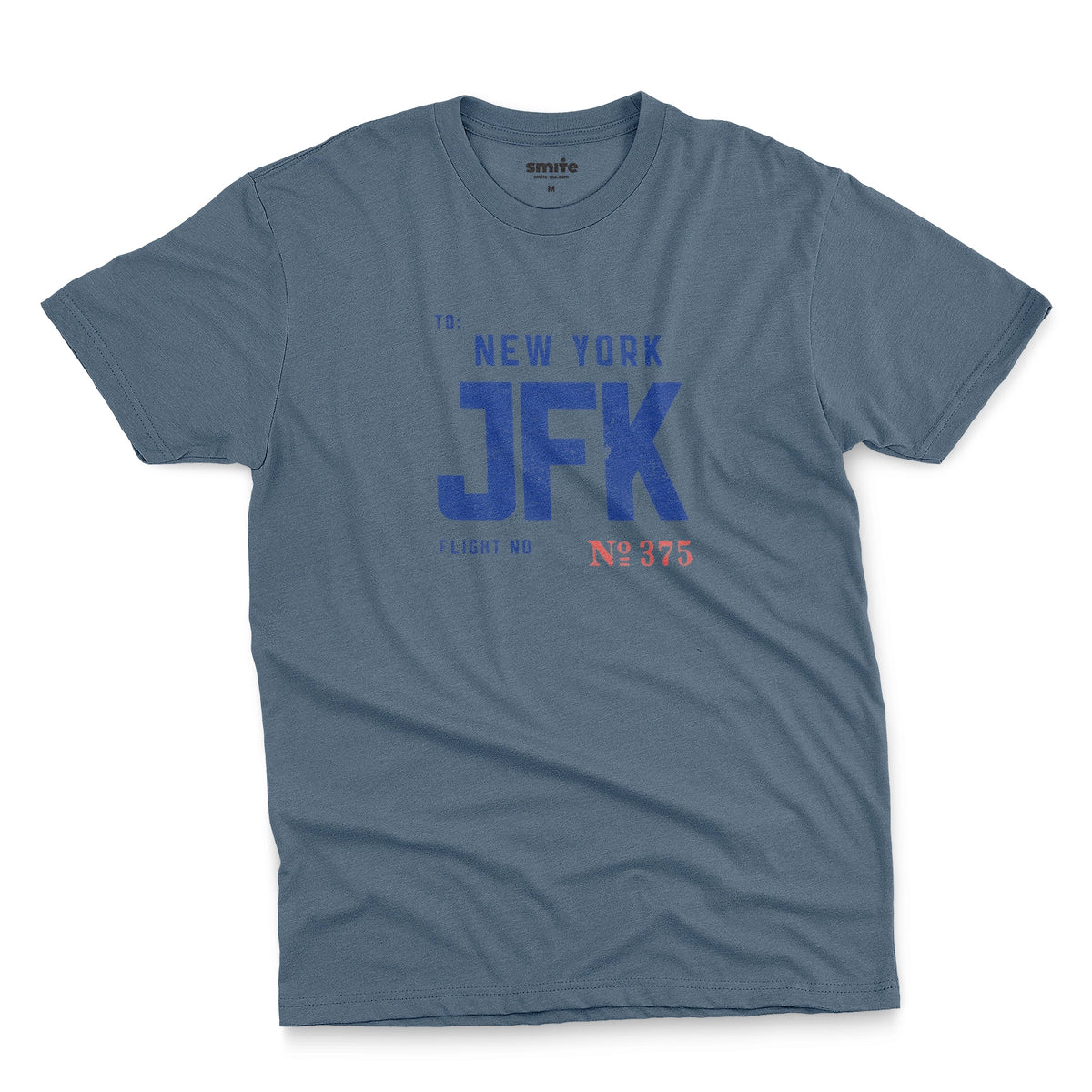 A blue t-shirt with a vintage bag tag graphic from the 1960s saying New York JFK.