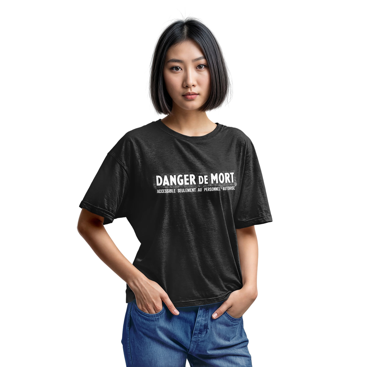 A black t-shirt with the French 'Danger De Mort' or Danger of Death in English.