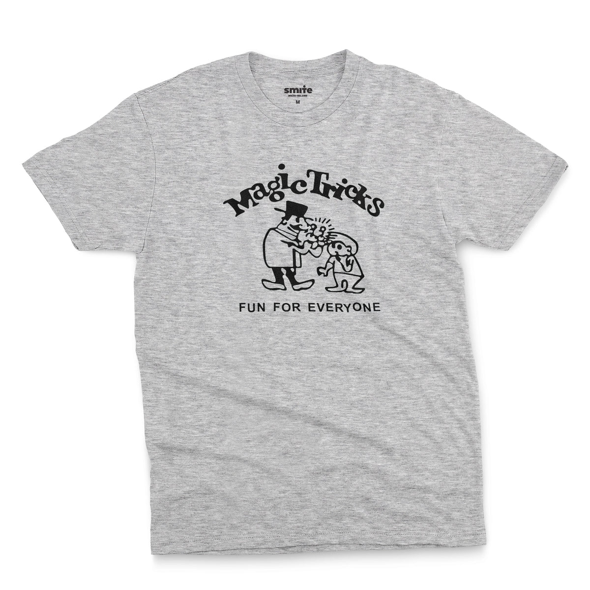 A gray marle t-shirt with a black graphic print on the front that reads 'Magic Tricks' above a cartoon of a magician and a spectator, with 'FUN FOR EVERYONE' printed below.