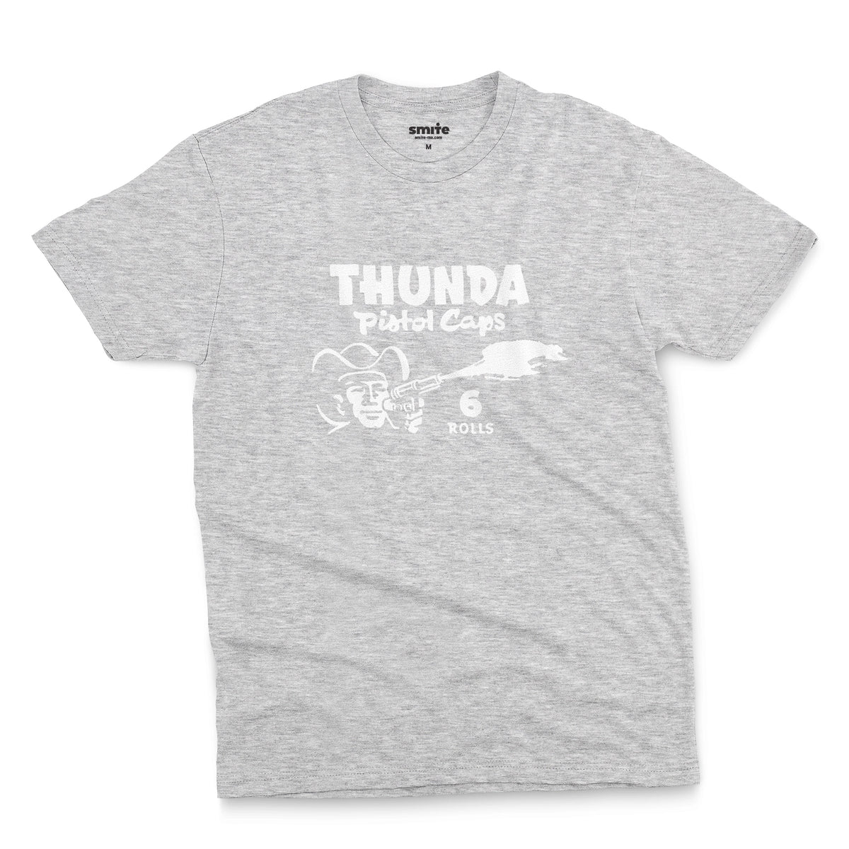 A gray marle t-shirt with retro 1970s packaging graphics for cap gun ammo brand Thunda.